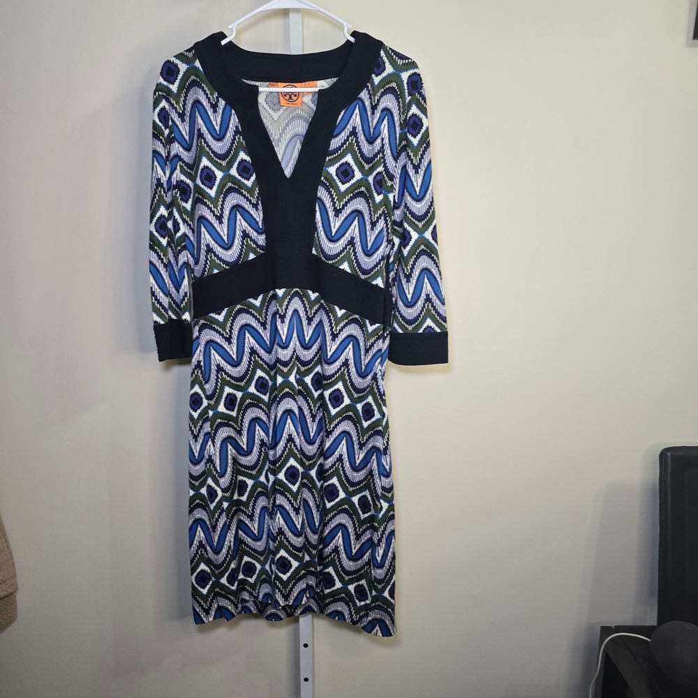 Tory Burch Silk Geometric‎ Ikat Chevron V-Neck Dress Blue Green Black Size L
